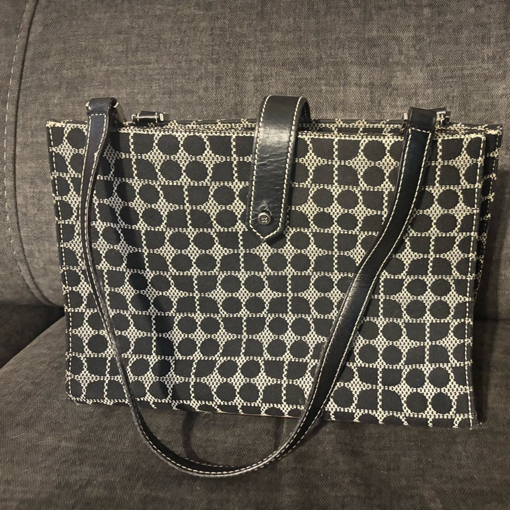 Vintage Kate Spade New York Noel pattern jacquard tote bag w/black leather trim.